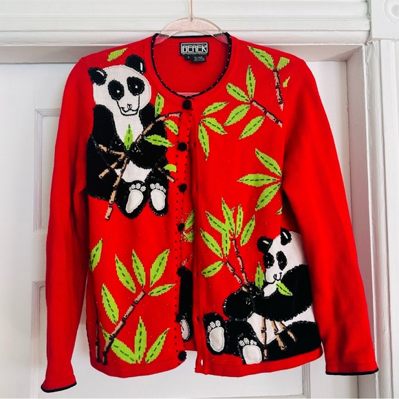 berek Sweaters - Vintage Berek Beaded Panda & Bamboo Embroidered Novelty Sweater